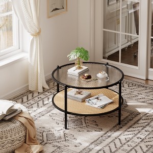 30" Rattan Coffee Table, 2 Tier Wooden Round Center Table with Tempered Glass Top, Farmhouse Cocktail Tea Table for Living Room Bedroom Office - 1 of 4