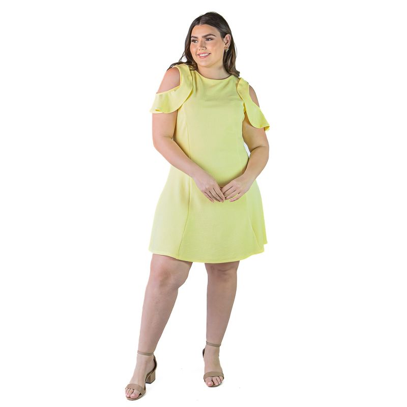 24seven Comfort Apparel Plus Size Ruffle Cold Shoulder A Line Knee Length Dress, 1 of 7