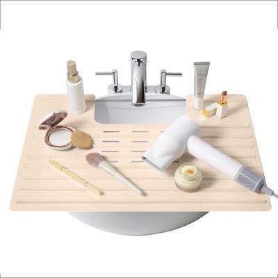 Maplefield Bathroom Foldable Sink Cover for Counter Space - Heat Resistant Silicone Mat and Rollout Over Sink Makeup Mat, Beige