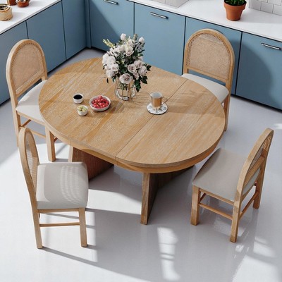 5-Piece Extendable Dining Table Set for 4 with Upholstered Chairs and Rattan Backrests, Kitchen Table Set for Dining Room, Solid Wood and MDF Design