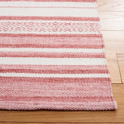 Ivory and Pink Striped 4' x 6' Flat Woven Wool Rug