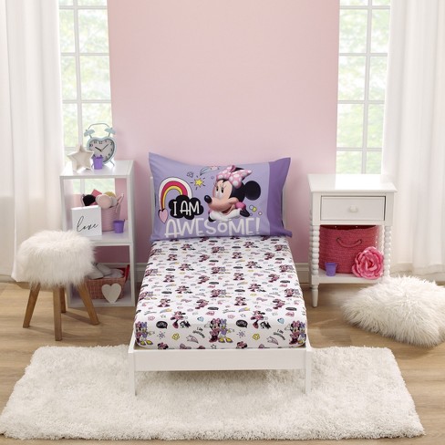 Disney Minnie Mouse I Am Awesome Lavender Pink And White 2 Piece Toddler Sheet Set Fitted Bottom Sheet And Reversible Pillowcase Target