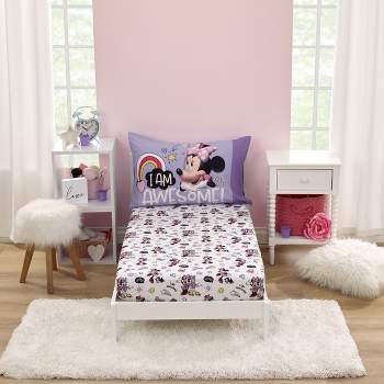 Disney Minnie Mouse I am Awesome Lavender, Pink, and White 2 Piece Toddler Sheet Set - Fitted Bottom Sheet and Reversible Pillowcase