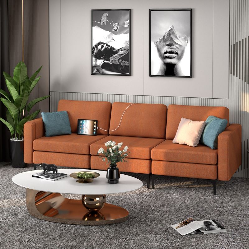 Costway Modular 3-Seat Sofa Couch w/ Socket USB Ports & Side Storage Pocket Orange\Dark Grey, 2 of 11
