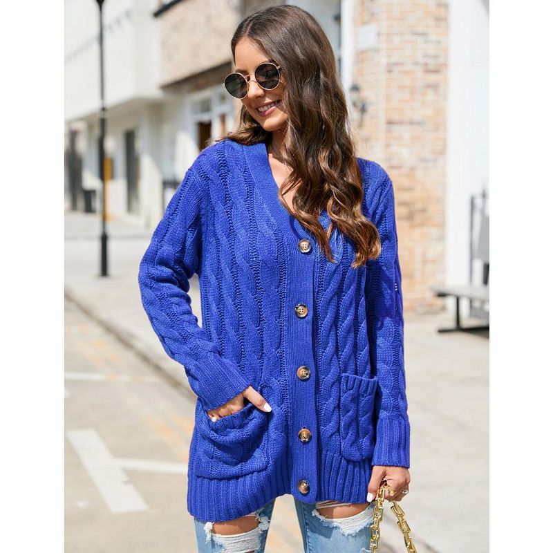 Women's Open Front Cardigan Sweater with Pockets Long Sleeve Cable Knit Button Loose Cardigan Sweater Outwear, 5 of 9