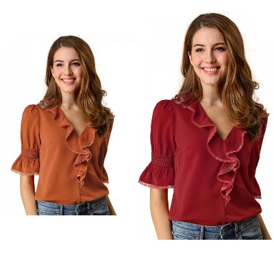 Allegra K Women's Ruffle V Neck Puff Sleeve Summer Casual Chiffon Peasant Top 2 Packs