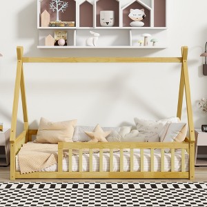 VASIP Twin Tent-Shaped Floor Bed with Guardrails and Support Slats, for Kids' Room ,Gray - 1 of 4