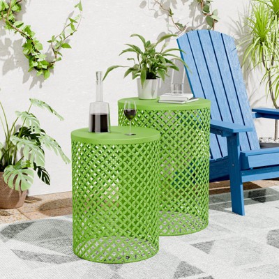 VisioGear 2PCS Patio End Tables, Indoor Outdoor Nesting End Carved Trellis Design Side Table, Green, 12.5"*12.5"*16.5"