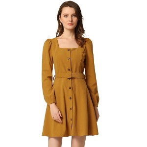 Allegra K Women's Square Neck Long Sleeve Button Front Corduroy Dress with Belt - 1 of 4