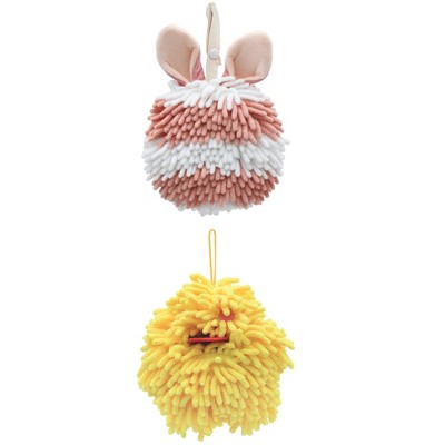 REGALWOVEN 2 Packs Fluffy Chenille Rabbit Shape Cute Soft Absorbent Hanging Ball Hand Towels 7" x 7"