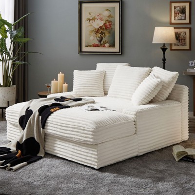 GlasFlength Modern Double Sleeper Sofa Cloud Couch Soft Fluffy Corduroy Upholstery with Square Armrests for Living Room, Beige, 64.96"*10.23"*10.23"