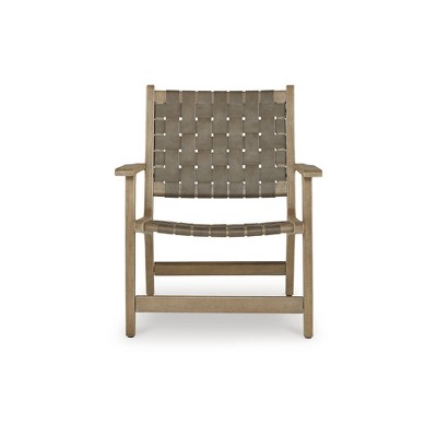 Beige Leather and Wood Woven Accent Chair