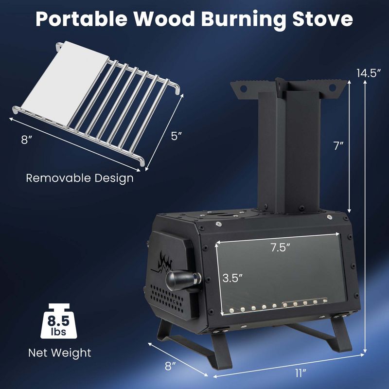 Costway Portable Wood Burning Stove Wood Camping Stove Heater with 2 Cooking Positions, 3 of 11