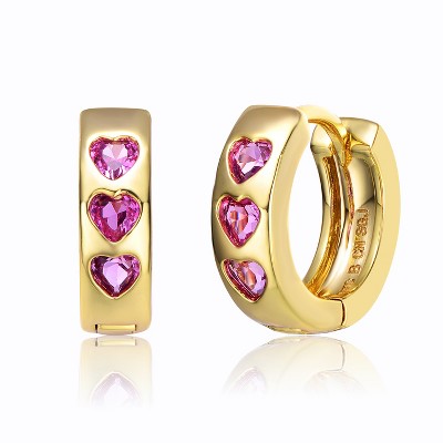 Guili Kids?/Teens Triple Stone Round Hoop Earrings in 14k Yellow Gold Plating with Heart Pink Cubic Zirconia, A Romantic & Timeless Design