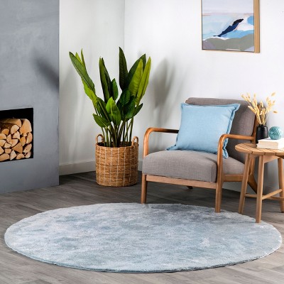 Light Blue Solid Shag Washable Round Synthetic Rug
