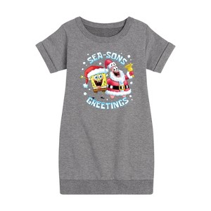 Girls' - SpongeBob SquarePants - Seasons Greetings Graphic Short Sleeve Fleece Dress - 1 of 4