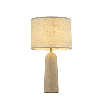 ALOADECOR 1-Light 21'' Vintage Classic Natural Travetine Tapered Table Lamp With Beige Linen Shade For Bedroom and Living Room