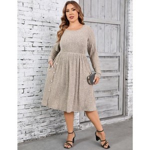 Coolmee Women Casual Round Neck Long Sleeve Loose Side Button Wide Hem Knit Textured Sweater Midi Dress - 1 of 4