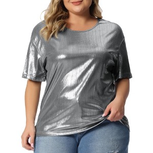 Agnes Orinda Women's Plus Size Metallic Round Neck Short Sleeve Summer Carnival Party Blouses - 1 of 4