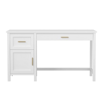 White Wood Home Office Desk with Brass Hardware and Storage