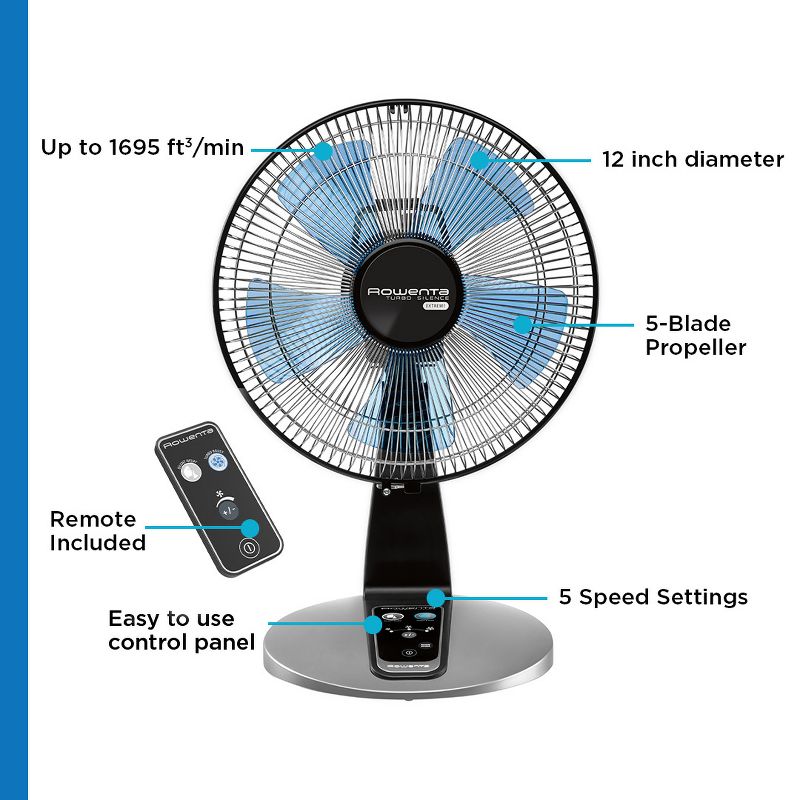 Rowenta 12&#34; Electronic Table Fan Turbo Oscillating Silence Extreme Black, 4 of 11