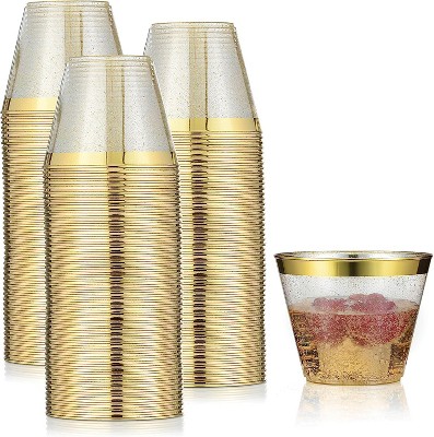 100 Gold Plastic Cups 14 Oz Gold Glitter with a Gold Rim - Premium