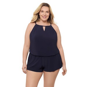 Aqua Green, Women's Keyhole Blouson Romper - 1 of 3