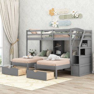 NicBex Twin Size Bunk Bed Triple Wooden Bed Frame with Shelves, 2 Drawers, Storage Stairs and Full Length Guardrail, No Box Spring Required - 1 of 4