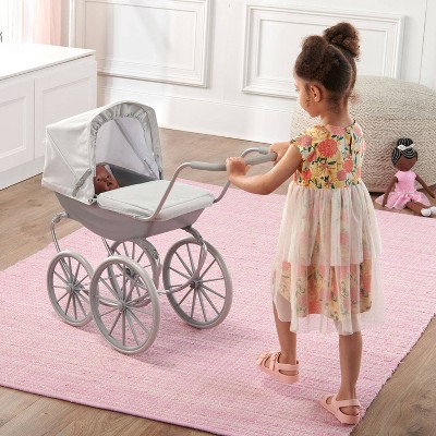 Executive Gray and White Metal Doll Pram with Canopy