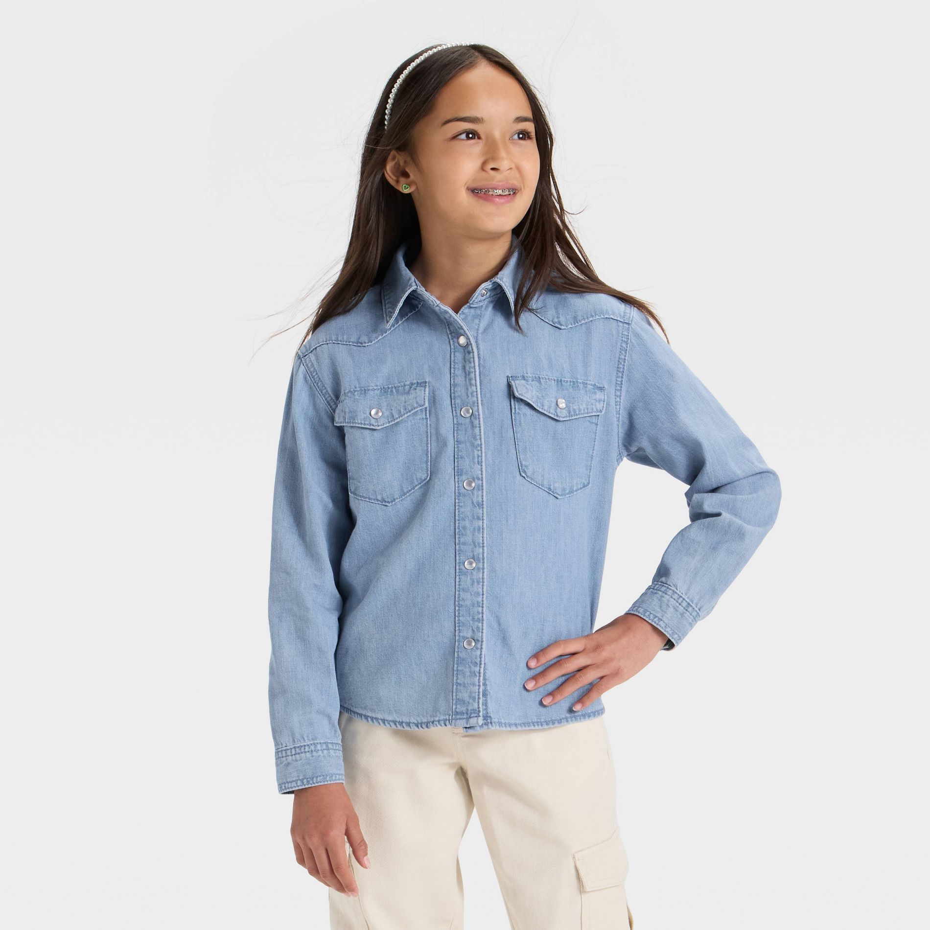 Girls' Long Sleeve Denim Shirt - Cat & Jack™ Medium Wash
