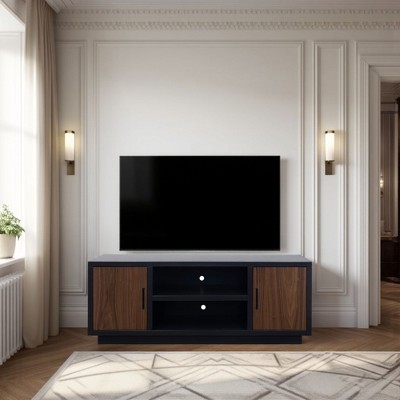 66" Veneer TV Stand with Two Doors, Three Shelves, Cable Management, Black and Walnut Finish, No Assembly Requiredf or Living Room