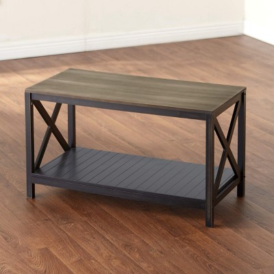 Two-Tone Black and Wood Coffee Table with Storage Shelf