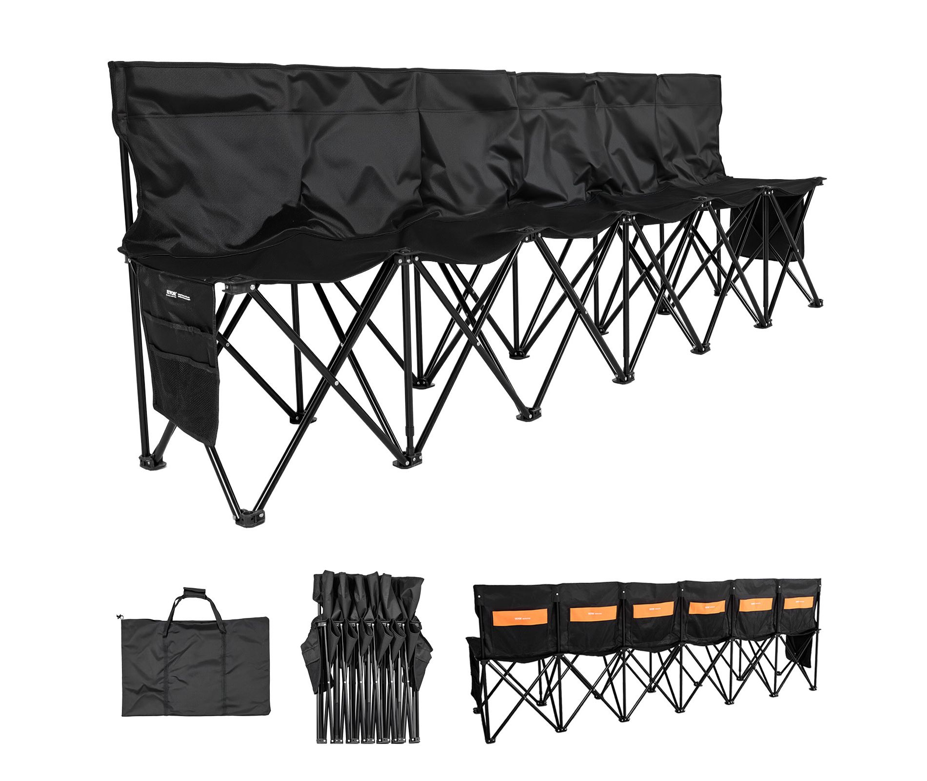 VEVOR Portable Folding Bench, 6 Seat Soccer Bench with Multiple Storage Pockets & Carrying Bag, Lightweight Sideline Seating with Back Rest, Black