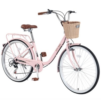 7 Speed City Bike With Basket , Steel Frame,Multiple Colors 26 Inch Girls Bicycle