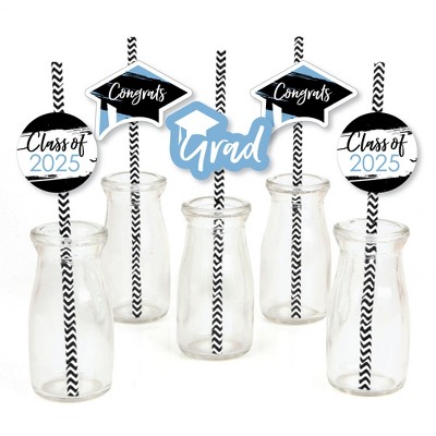 Big Dot of Happiness Light Blue 2025 Graduation Paper Straw Decor - Party Striped Decorative Straws - Set of 24