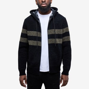CULTURA Mens' Full Zip Hooded Striped Cardigan Sweater With Faux Shearling Lining - 1 of 4