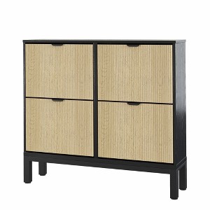 CuisinSmart, Fluted Shoe Storage Cabinet with 4 Flip Drawers, Narrow Wooden Shoe Organizer with Metal Legs, Shoe Rack for Living Room, Black+Oak - 1 of 4