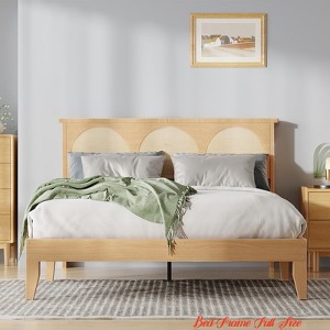 Boho Full Bed Frame, Solid Wood Bed with Natural Rattan Headboard & Lights, Wooden Platform Bed No Box Spring Needed - 1 of 4