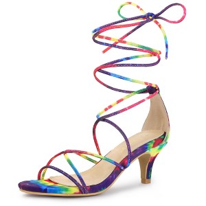 Allegra K Women's Tie Dye Lace-Up Strappy Kitten Heels Sandals - 1 of 4