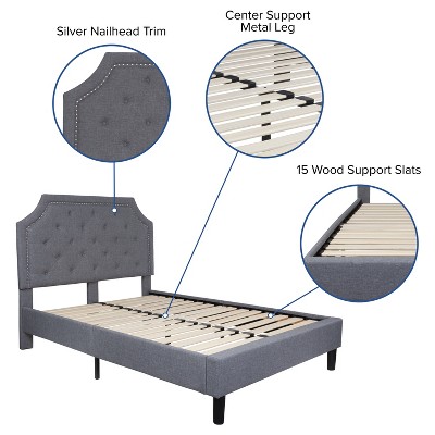 Elegant Full Double Light Gray Upholstered Bed with Tufted Headboard and Nailhead Trim