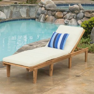 Acacia Wood Patio Chaise Lounge with Water-Resistant Cushion, Outdoor Furniture, Chaise Lounges Outdoor Chairs for Outside -Christopher Knight Home - 1 of 4
