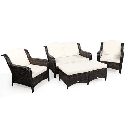 Tangkula 5 PCS Patio Rattan Sectional Sofa Set Outdoor Furniture Conversation Set Cushioned Loveseat Sofa Ottoman