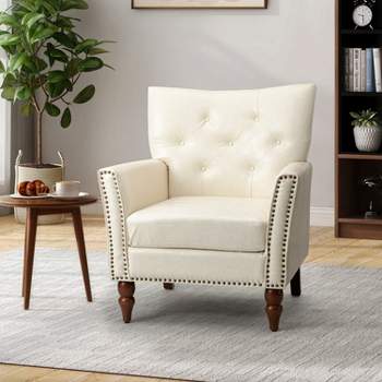 Enzio Classic Vegan Leather Armchair with Nailhead Trim and Button-tufted Design  | ARTFUL LIVING DESIGN