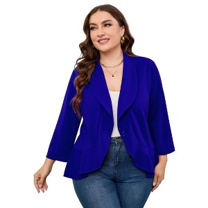 Women's Ruffled Hem Blazer Cardigan, Single-Button Lapel Jacket with 3/4 Sleeves for Casual & Office Wear - 1 of 4