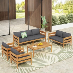 Christopher Knight Home Jacinda 5 Piece Ourdoor Rustic Upholstered Seating Set with Slat Design - 1 of 4