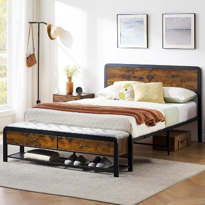 Full Size Bed Frame with Wood Headboard and Storage Bench, Bed Bench with Seat Cushion, Metal Slats Support, Safety Rounded Corners, Brown