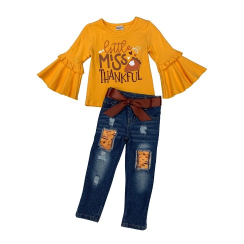 Girls Little Miss Thankful Patched Jeans Set Mia Belle Girls, Marigold, 7