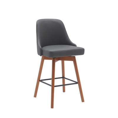 HomeRoots 26" Gray and Wood Brown Faux Leather with Solid Wood Swivel Counter Height Bar Chair