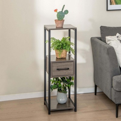 Gray and Black 3-Tier Metal Plant Stand with Drawer