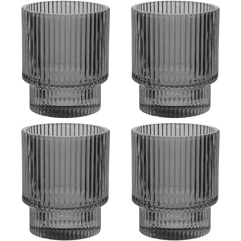 American Atelier Vintage Art Deco 9 oz. Fluted Drinking Glasses Set of 4, Old Fashion Tumbler for Cocktails, Ribbed Lowball Glass Cup for Beverages, 1 of 8